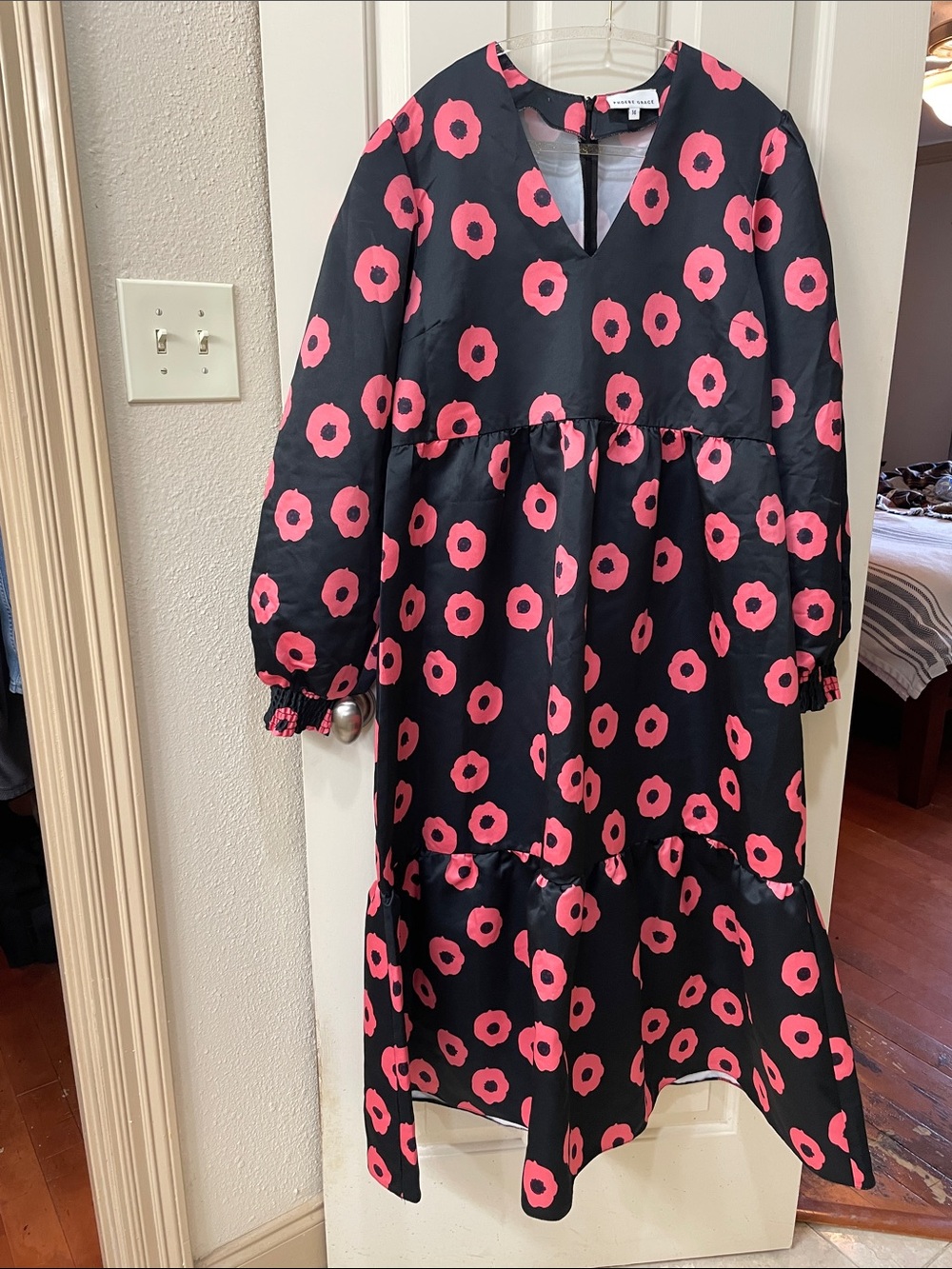 Women’s Black Midi Dress with Pink Floral Print